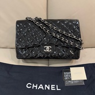 Chanel 香奈兒 maxi jumbo/CF口蓋包/漆皮黑銀款/95新美品