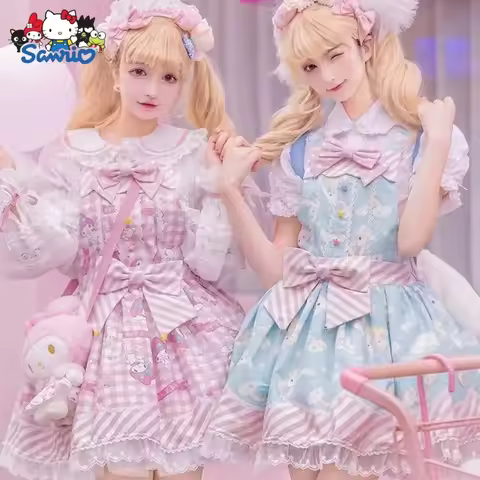Sanrio Cartoon Cinnamoroll Kuromi Lolita Dress Kawaii My Melody Bow Lace Dress Princess Dress Hallow