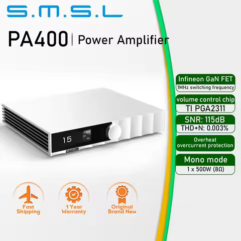 SMSL PA400 Gallium Nitride Power Amplifier Infineon GaN FET TI PGA2311 Volume Control IC Input XLR R