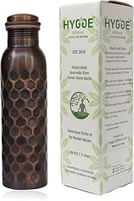 HYGGE Pure Copper Water Bottle 34 Oz Copper Bottle Water with Lid – Ayurvedic Copper Water Bottle – Copper Water Vessel - Drink More Water Bottle – Large -Leak Proof – Antique Hammered