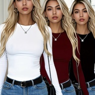 TEMU 3 ชิ้น เสื้อครูว์แขนยาวโทนพื้น, เสื้อผ้ารัดกลม Casual Fitted Tee Shirts