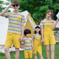 Yellow Stripe Family Matching Shirt Women Girl Jumpsuit Kids Set Wear Short Pants For Men Women Mini Dress Korean Style Women
