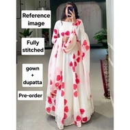 (XS-7XL) printed lace work Georgette gown with dupatta For women's Indian gown set