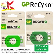 GP RECYKO+ 650 SERIES 2/4'S 650MAH AAA (GP65AAAHC-C4) /1000 SERIES 2'S 1000MAH AAA (GP100AAAHC-C2) R