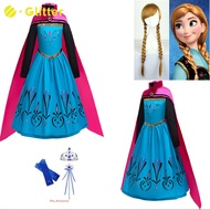 Frozen Anna Princess Dress for Kids Girl Cosplay Costume Kid Long Sleeve The Snow Queen Dresses Wig Crown Accessories Children Birthday Carnival Party Robe Outfit