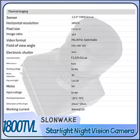 SLONWAKE FPV 1/29 CMOS Sensor 1800TVL Starlight Night Vision Camera WDR FOV: H95° V53° 19mm PAL/NTSC