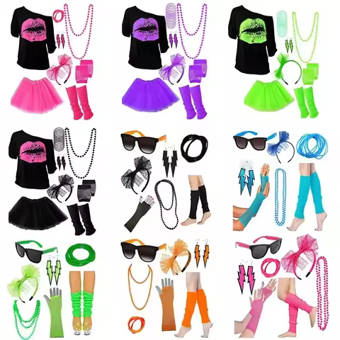 ♥AA 1980s 80s necklace headband gloves knee pads bracelet glasses set prom dress up for girls party 
