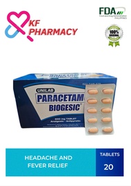 BIOGESIC 20 TABLETS - 500MG Paracetamol for Quick Relief of Headache and Fever.