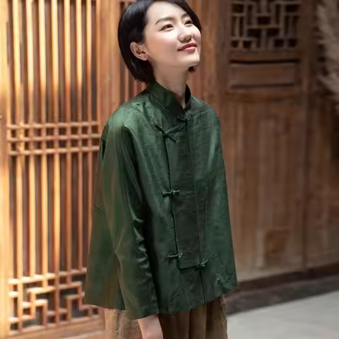 Vintage Femme Traditional China Blouse Dark Green Chinese Collar Long Sleeves Ethnic Style Shirt Wom