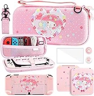 RHOTALL Cute Carrying Case for Nintendo Switch OLED, Potable Travel Case Accessories Bundle for Switch OLED with Protective Shell, Game Case, Shoulder Strap, Screen Protector, Thumb Caps - Pink Bunny