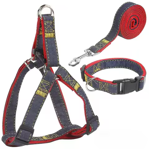 Comfort-Fit Adjustable Pet Set: Reinforced Denim 1.2m Leash, Collar & Harness