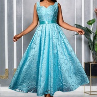 Đầm dự tiệc cocktail AOMEI màu xanh nhạt thanh lịch dành cho nữ, cổ vuông, không tay, dây mảnh, họa 