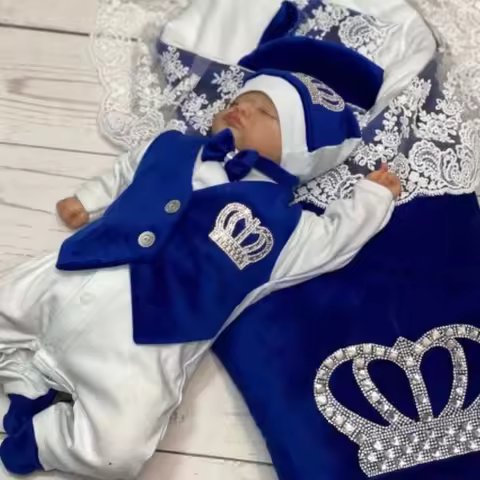 Royal Blue Velvet Baby Romper Outfits Set Welcome Home Nursery Infant Nest Luxury Crown Receiving Bl