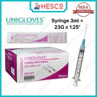 Syringe Picagari 3ml with Needle Jarum 23G x 1.25" (0.6mm x 32mm) Luer Lock Sterile Unigloves 100pcs