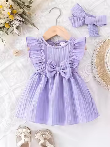 0-24 Months Cute Baby Girl Summer Dress Purple Ruffle Bow Princess Skirt+Headband 2Pcs Baby Clothing