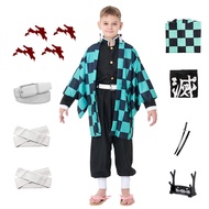 Kids Tanjiro Cosplay Costume Halloween Anime Cosplay Kimono Robe Set W/Earings Sword Scar Sticker