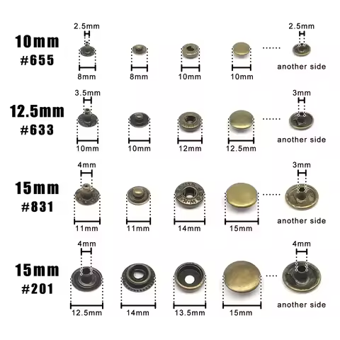 50set #633 655 831 201 10/12/15mm Metal No Sew Press Fastener Popper Snap Button for Leather Bag Clo