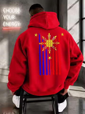 Honeycomb Texture Philippine Flag Element Front‑and‑Back Print Hoodie Casual Oversized Street‑style 