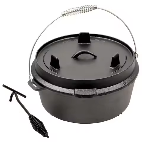 25cm Camp Dutch Oven Pre Seasoned Cast Iron Lid Also a Skillet Casserole Pot with Lid Lifter for Cam