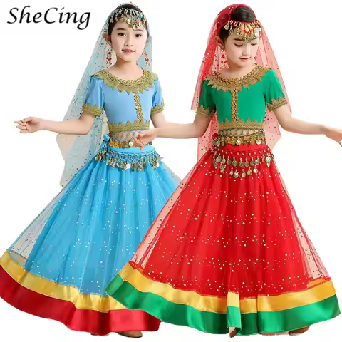 Girls India Princess Belly Dance Set Kids Oriental Dancing Sari Jasmine Stage Performance Costume Bo