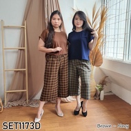 Baju Setelan Atasan Polos Mix Celana Motif Kotak Wanita Set1173D