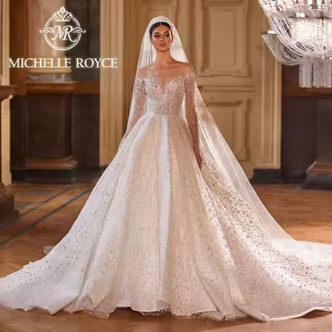 Michelle Royce Luxury Ball Gown Wedding Dresses For Women Shining Beading Princess Backless Wedding 