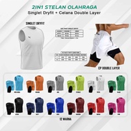 2in1 Singlet Dryfit Lekbong Sleeveless Shorts 2IN1 Double Layer Sports Gym Fitness