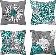 Cushion Cover, 65x65cm Set of 4, Grey Daisy Flower Soft Velvet Throw Pillow Cases 26x26in, Square Sofa Cushion Cover with Invisible Zipper for Couch Bed Car Bedroom Home Decor