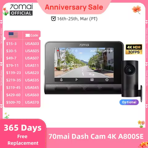 70mai A800SE 4K Car DVR Support Rear or Interior Cam 24H Parking Mode GPS ADAS Upgraded Version of 7