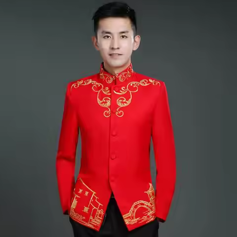 Chinese Jacket Men Wedding Spring Coat Zhongshan Host Stage Red Vintage Embroider