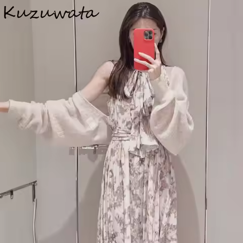 Kuzuwata Elegant Trendy Advanced Set Knit Cardigan Print Sleeveless Lace Up Luxury Robe Japan Sweet