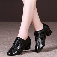 Ready Stock Tesli She Professional Latin Dance Shoes Women's Mid-heel Bright Leather Dance Shoes Soft-soled Body Shoes Outdoor Chacha Dance Shoes
