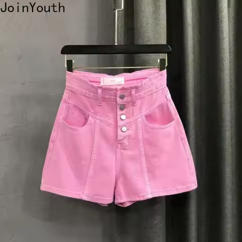Pink Jean Shorts Women Clothing Streetwear High Waist Y2k Wide Leg Pants 2025 New Bottoms Fashion Ca