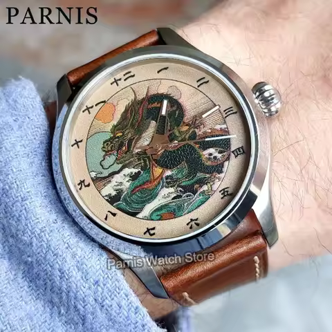 42mm Parnis Automatic Movement Men's Casual Wristwatch Sapphire Crystal Dragon Drawing Custom Made D