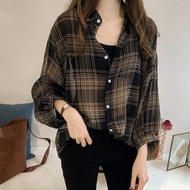 M-4XL Plus Size Korean style loose plaid long-sleeved shirt women's top Mid-Length Blouse