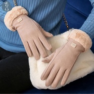 [PANDAB] Autumn Winter Warm Suede Gloves Plus Velvet Thiened Plush Decor Cuff Gloves Outdoor Coldpro