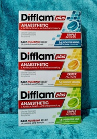 Difflam Lozenges Fast Numbing Anaesthetic Antibacterial + Anti Inflammatory 16pcs SUGAR FREE PINEAPP