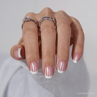 BTArtbox Press on Nails Short - White French Tip Press On Nails Square, Chrome Glazed Glue On Nails,