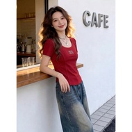 Women's body-hugging square neck t-shirt with stone logo pressed - Freesize 35kg - 55kg