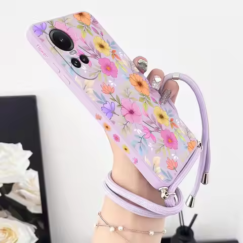 R eno 10 Purple Flowers Lanyard Silicone Phone Case For OPPO Reno 8 8Pro 8T 10 10Pro 10ProPlus 12 12