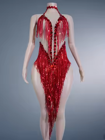 Women Sparkle Rhinestone Sequined Leotard with Tassel Nightclub Cabaret Performer Stage Costume Body
