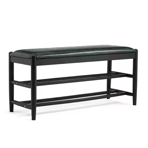 3-Tier Solid Oak Entryway Storage Bench PU Leather Seat Mid-Century Hallway Bedroom 43.3" Green, Cus