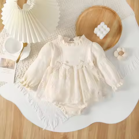 4175 Baby Romper Dress 2024 Autumn Lace Gauze Dress Newborn Baby Girl One Piece Clothes Princess Cli