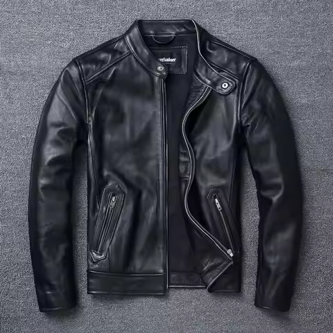 Men Cafe Racer Jackets Black Vintage Motorcycle Jacket Retro Stand Collar Motorbiker Cowhide Leather