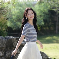 P2I2 DI * Letter Jacquard High-Fix Linen Knitted Stripes High-End Temperament Short-Sleeved