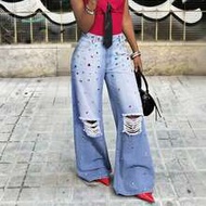 Women's Colorful Rhinestone Decor Ripped Wide Leg Loose Casual Jeans Y2k Low Rise Jeans Y2k Trousers