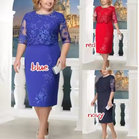 Ele plus Size Lace Splicing Set Chubby Outfit Tee-quarter Sve round Ne Mid-length A-line Dr Ciwalk S