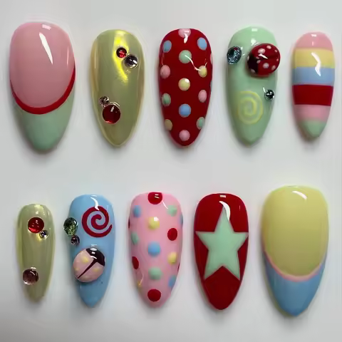 Colorful Press on Nails 3D Ladybug Handmade Press Ons Almond Fake Nail Y2k Summer Green Yellow Color