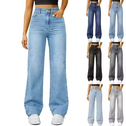 Women Denim Jeans Ladies High Waist Casual Baggy Jeans Wide Leg Loose Long Pants