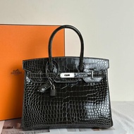 HERMES Birkin 30 亮面鱷魚皮 - 黑銀 🅁